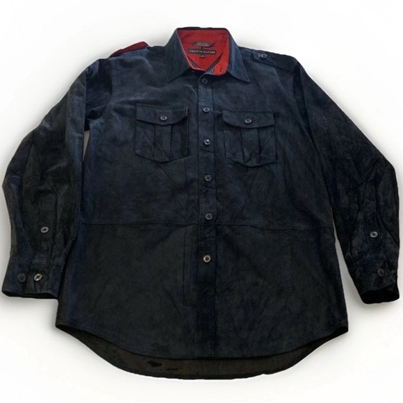 VTG Tommy Hilfiger 100% Leather Shirt Jacket Navy Blue SZ SMALL Made In Italy